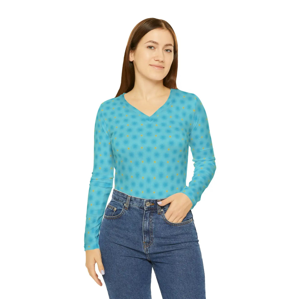 Blue Long Sleeve V Neck Shirt - Spandex Blend - DipaliZ