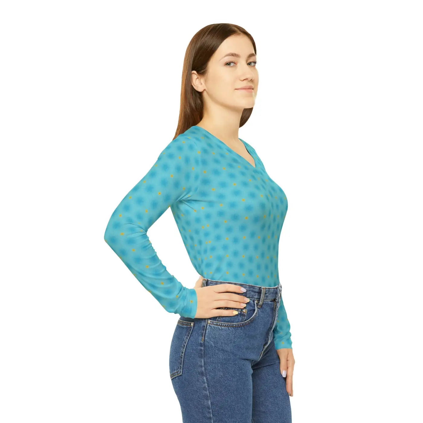 Blue Long Sleeve V Neck Shirt - Spandex Blend - DipaliZ