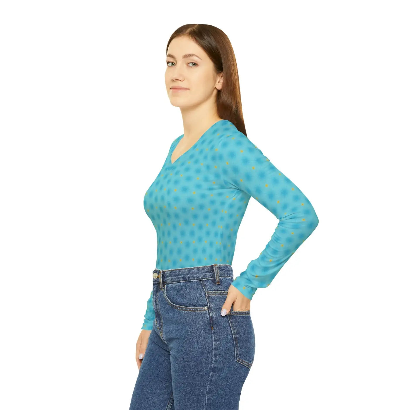 Blue Long Sleeve V Neck Shirt - Spandex Blend - DipaliZ