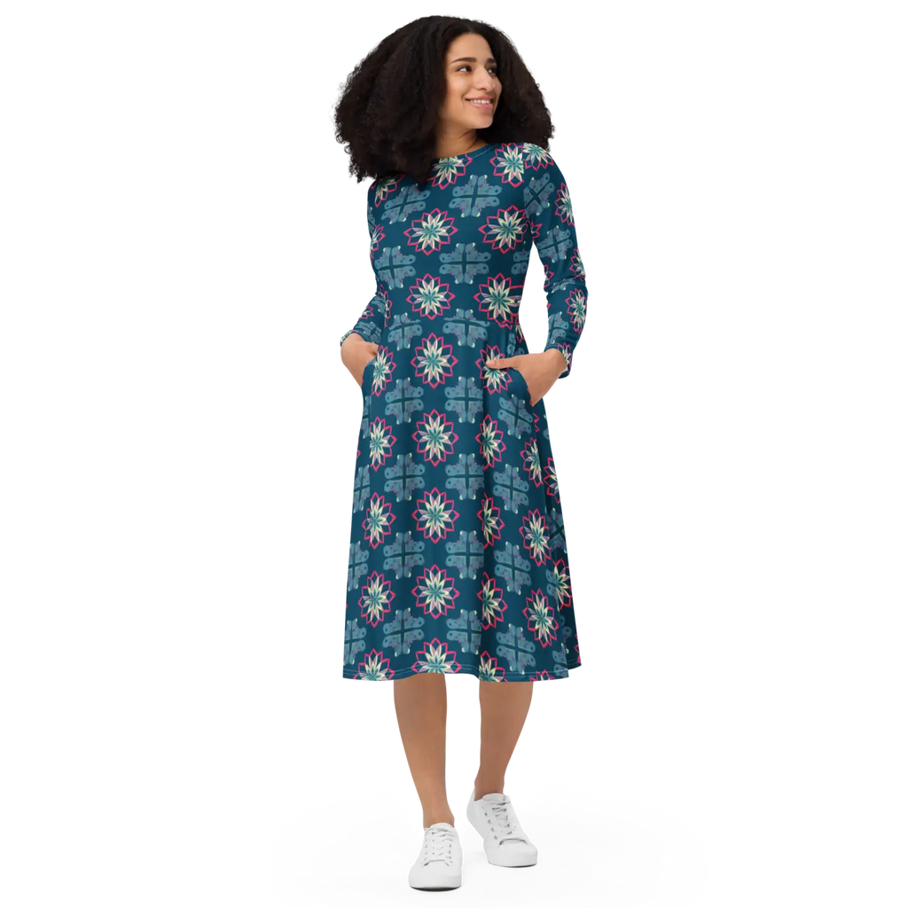 Geometric Pattern On Blue Dress - Long Sleeve Midi - DipaliZ