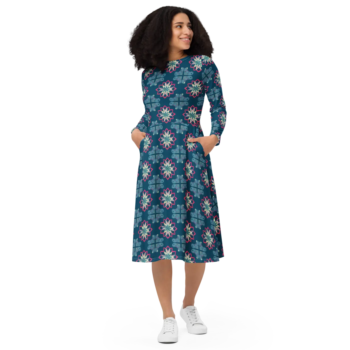 Geometric Pattern On Blue Dress - Long Sleeve Midi - DipaliZ