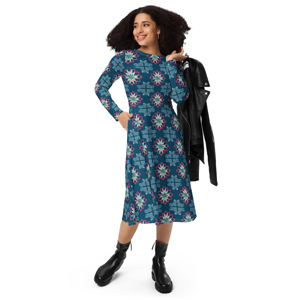 Geometric Pattern On Blue Dress - Long Sleeve Midi - DipaliZ