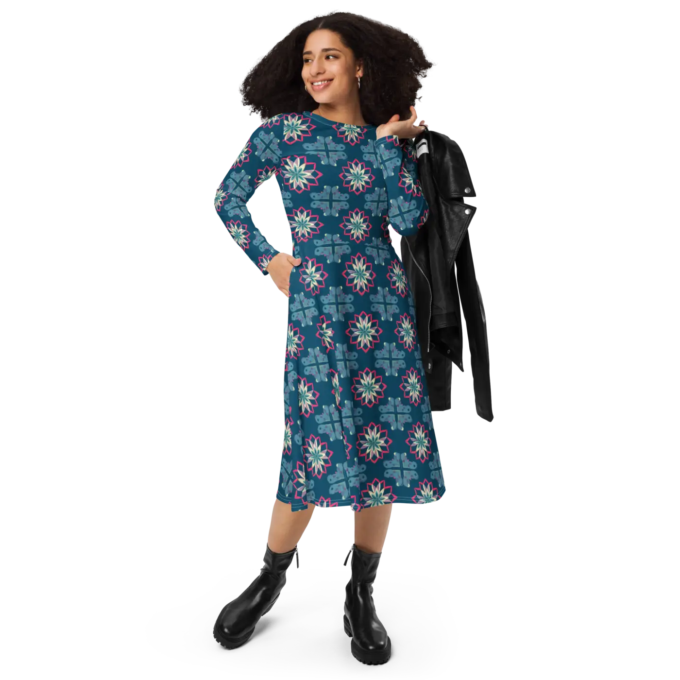 Geometric Pattern On Blue Dress - Long Sleeve Midi - DipaliZ