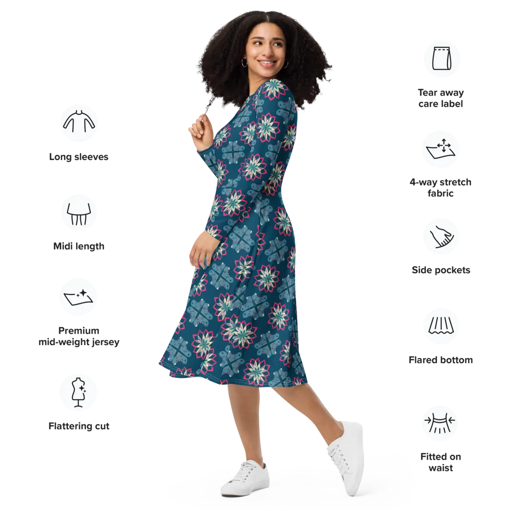 Geometric Pattern On Blue Dress - Long Sleeve Midi - DipaliZ