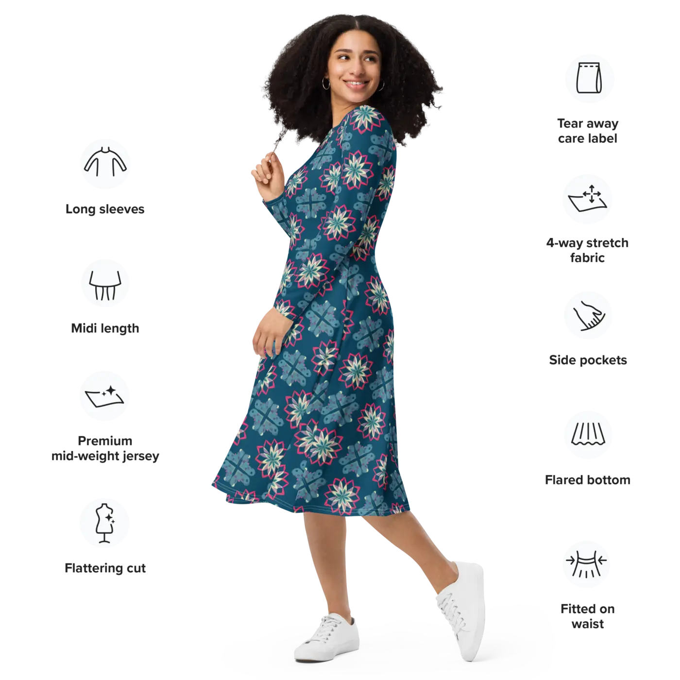 Geometric Pattern On Blue Dress - Long Sleeve Midi - DipaliZ