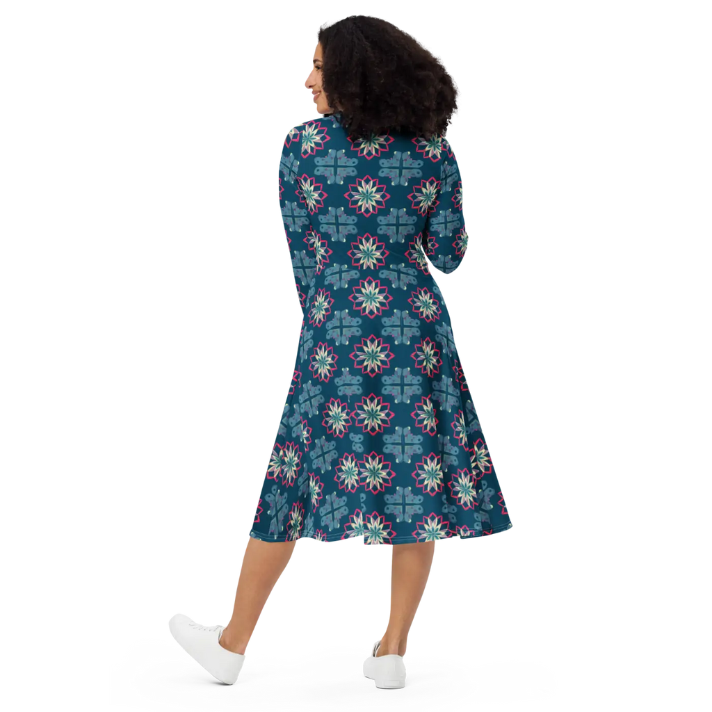 Geometric Pattern On Blue Dress - Long Sleeve Midi - DipaliZ