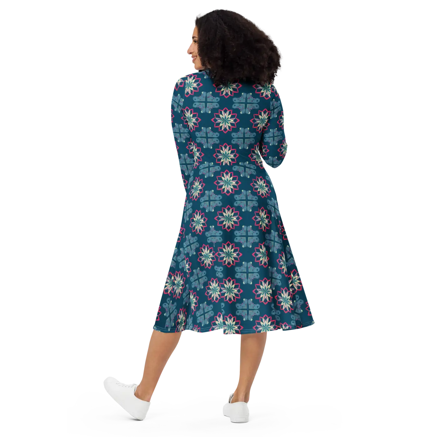 Geometric Pattern On Blue Dress - Long Sleeve Midi - DipaliZ