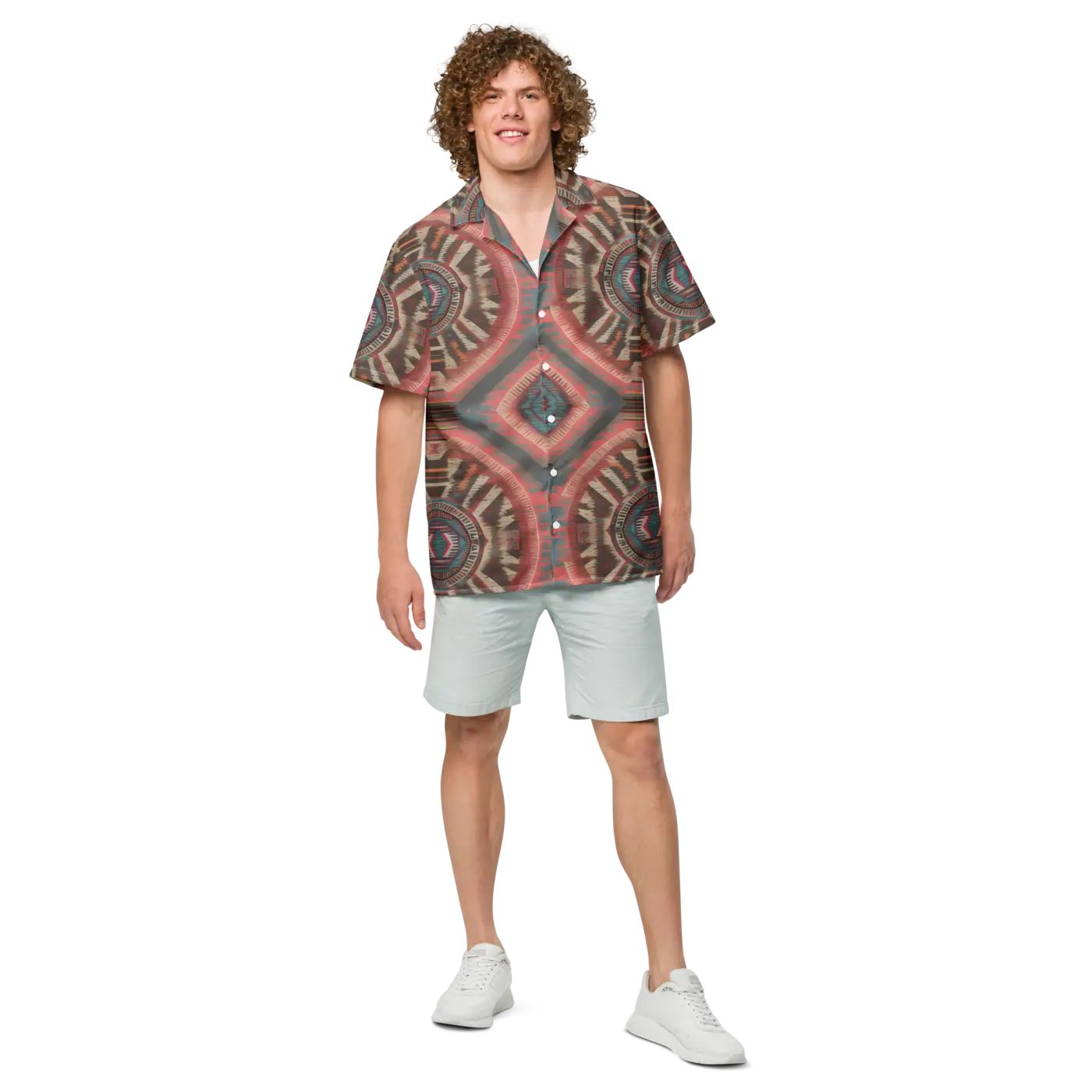 Boho Geometric Pattern Unisex Button Shirt - Recycled Polyester - DipaliZ