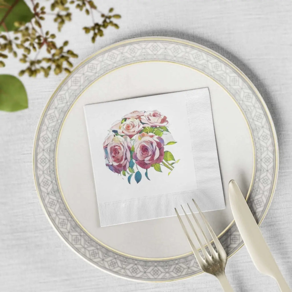 White Coined Napkins - Elegant Rose Pattern Design - DipaliZ