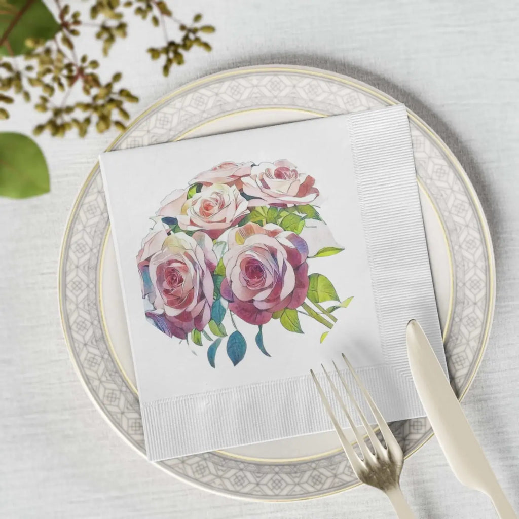 White Coined Napkins - Elegant Rose Pattern Design - DipaliZ