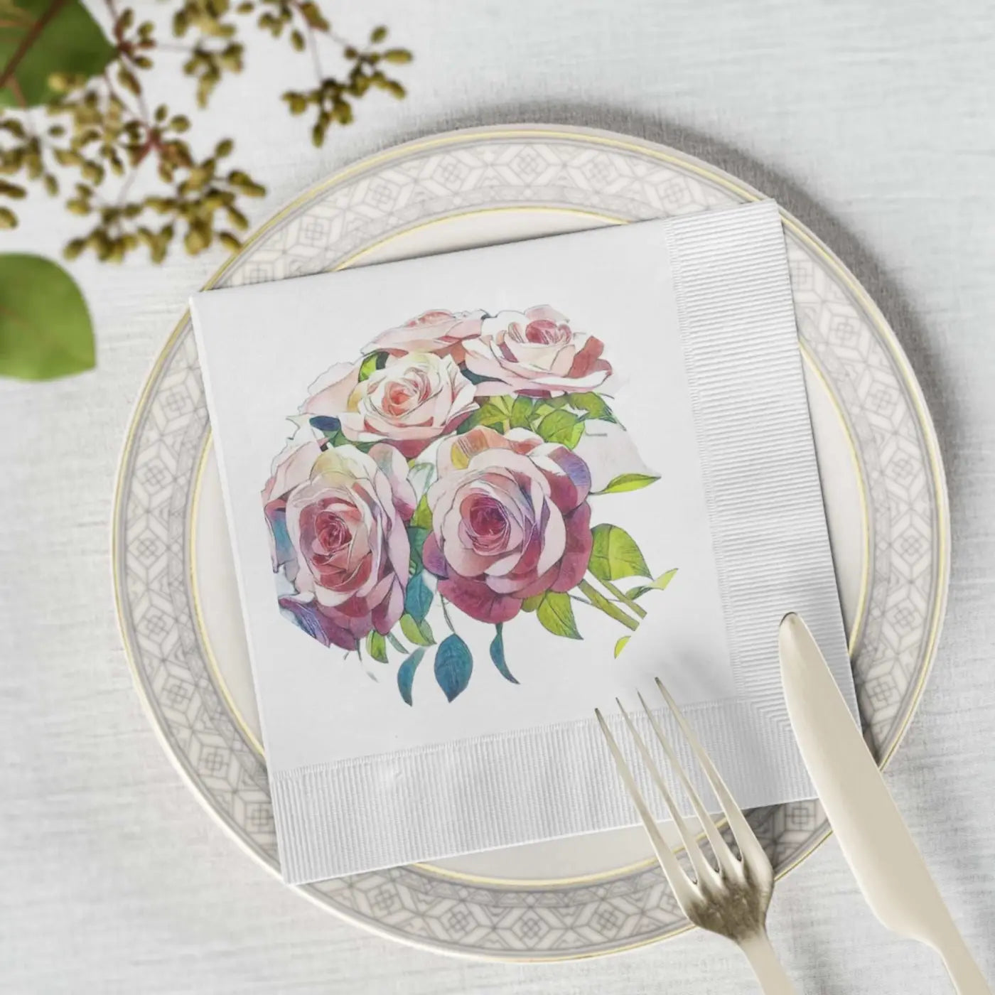 White Coined Napkins - Elegant Rose Pattern Design - DipaliZ