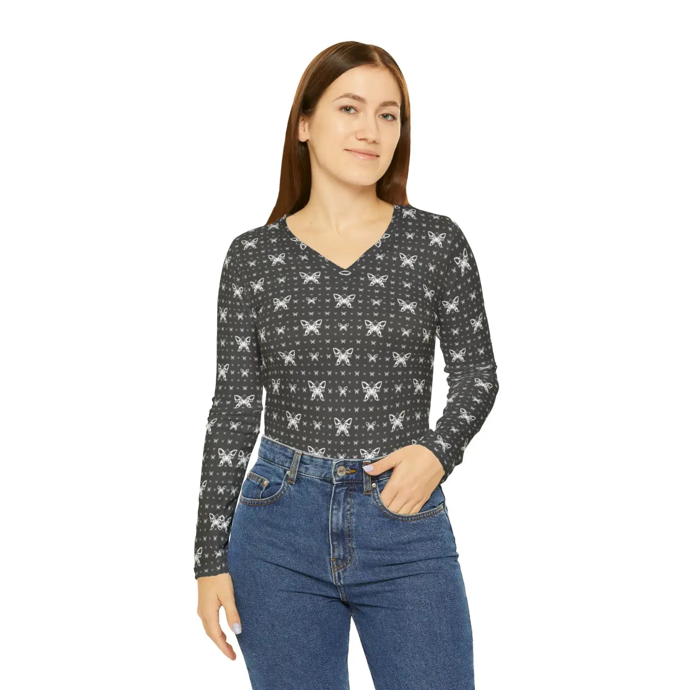 Long Sleeve V Neck Tee - Butterflies Pattern - DipaliZ