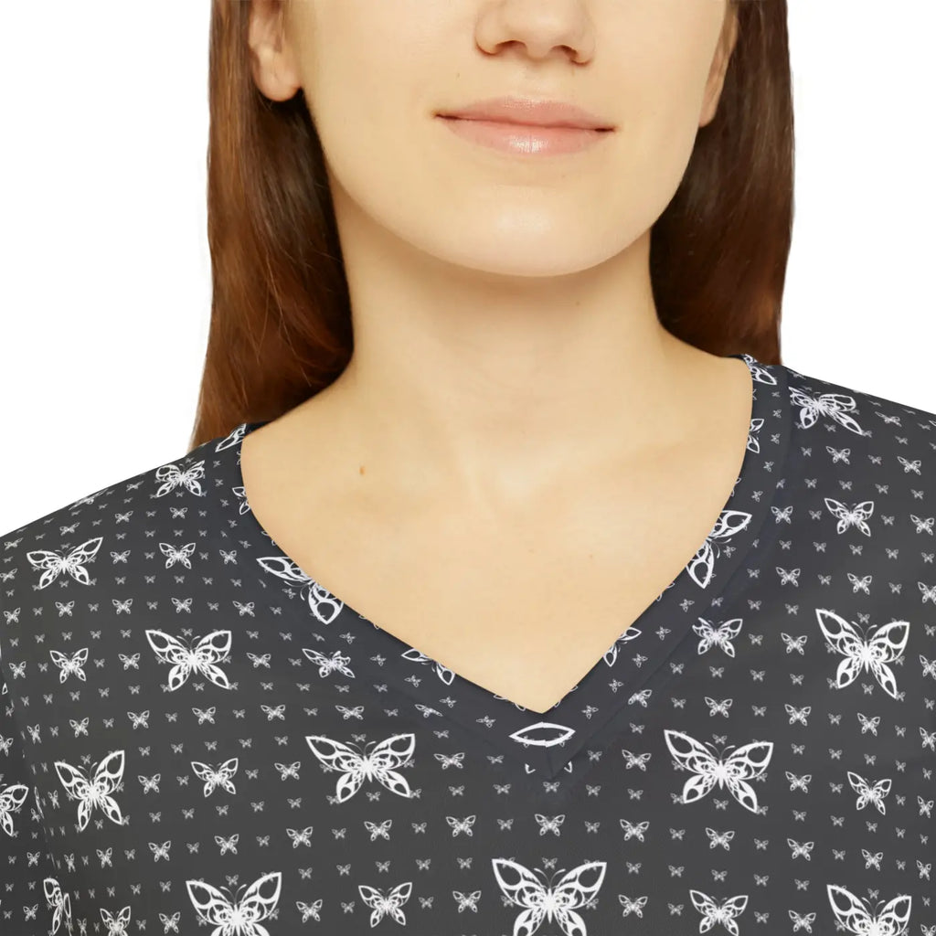 Long Sleeve V Neck Tee - Butterflies Pattern - DipaliZ