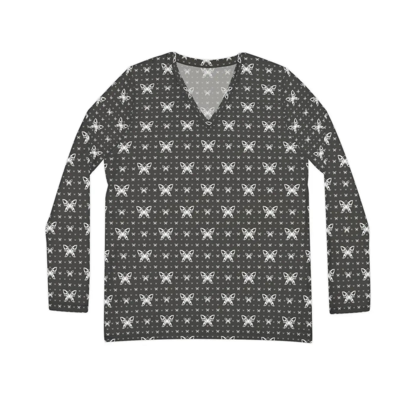Long Sleeve V Neck Tee - Butterflies Pattern - DipaliZ