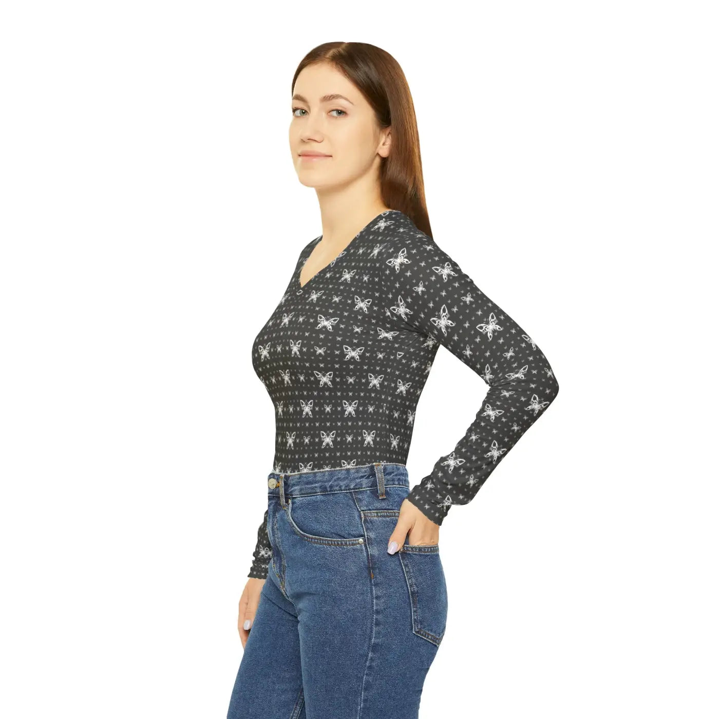 Long Sleeve V Neck Tee - Butterflies Pattern - DipaliZ