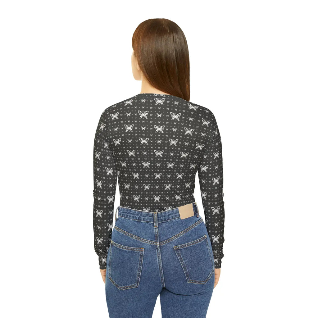 Long Sleeve V Neck Tee - Butterflies Pattern - DipaliZ
