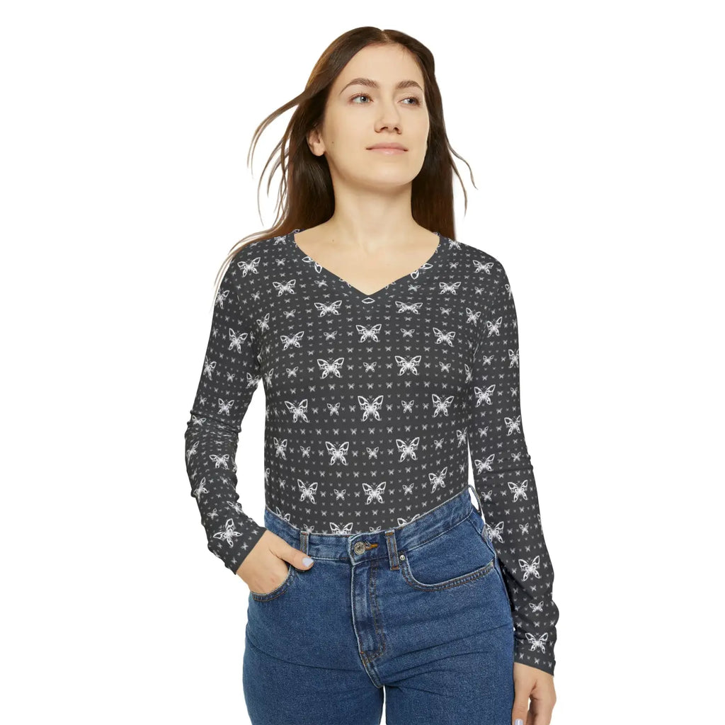 Long Sleeve V Neck Tee - Butterflies Pattern - DipaliZ