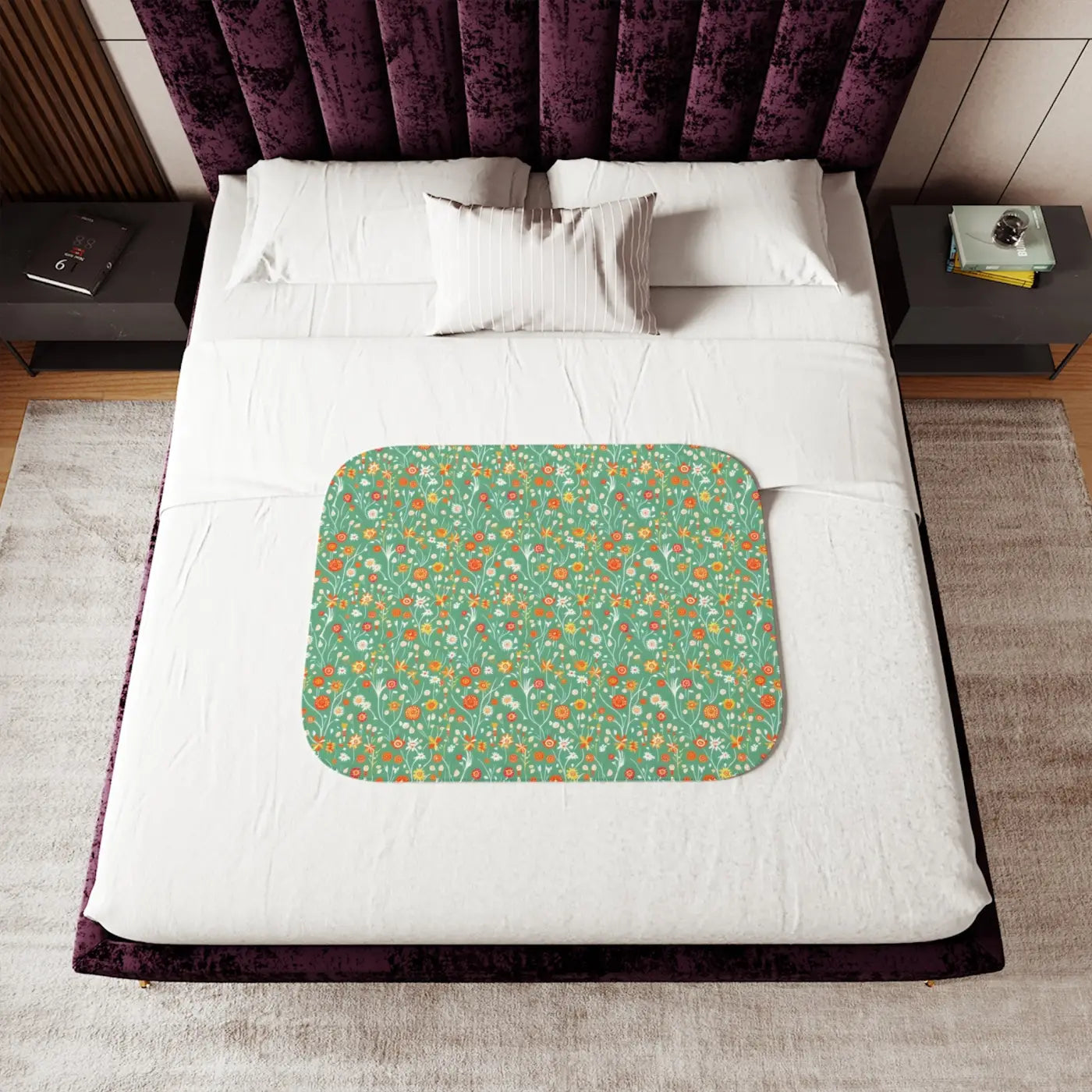 Floral Sherpa Blanket - Colorful Flowers on Green - DipaliZ