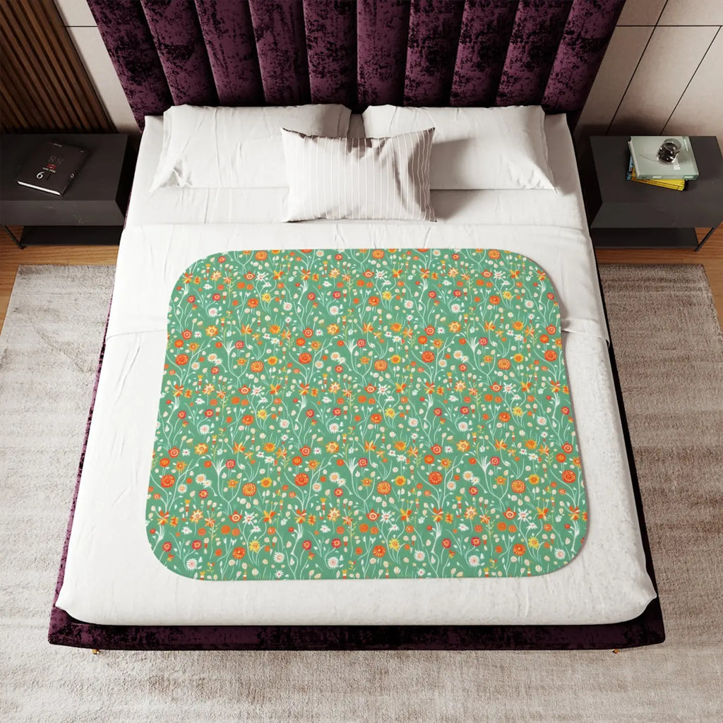 Floral Sherpa Blanket - Colorful Flowers on Green - DipaliZ