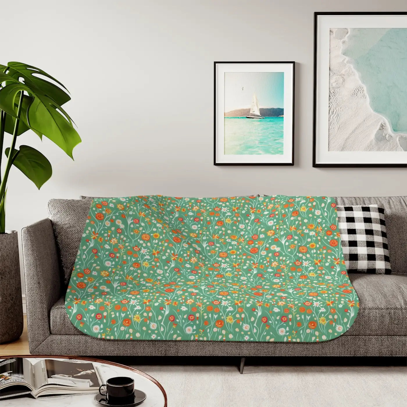 Floral Sherpa Blanket - Colorful Flowers on Green - DipaliZ