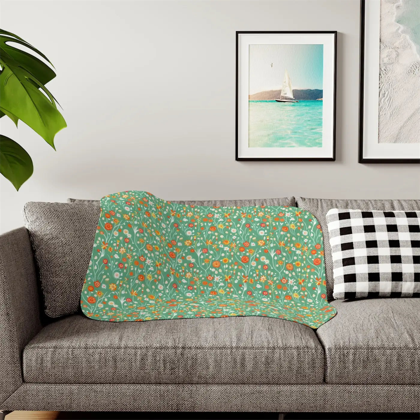 Floral Sherpa Blanket - Colorful Flowers on Green - DipaliZ