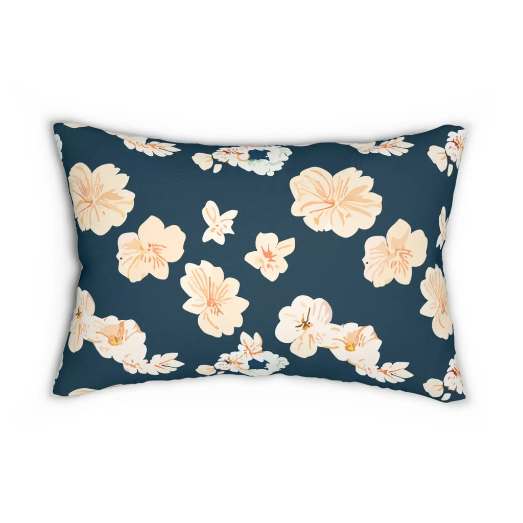 Polyester Lumbar Pillow - White Flowers on Navy Blue - DipaliZ