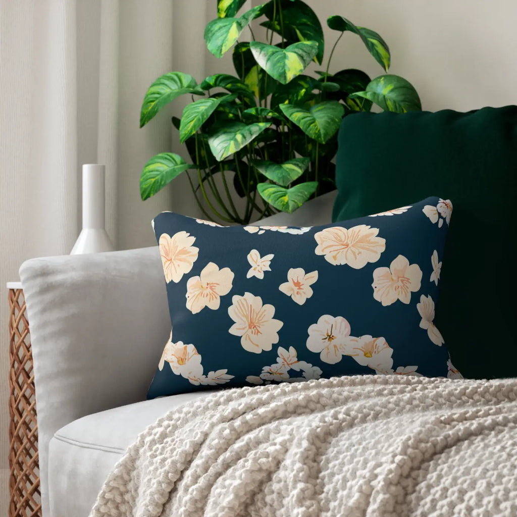 Polyester Lumbar Pillow - White Flowers on Navy Blue - DipaliZ