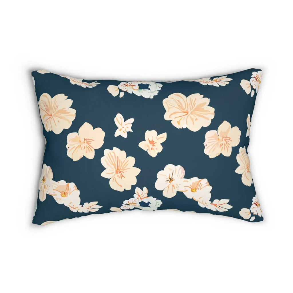 Polyester Lumbar Pillow - White Flowers on Navy Blue - DipaliZ