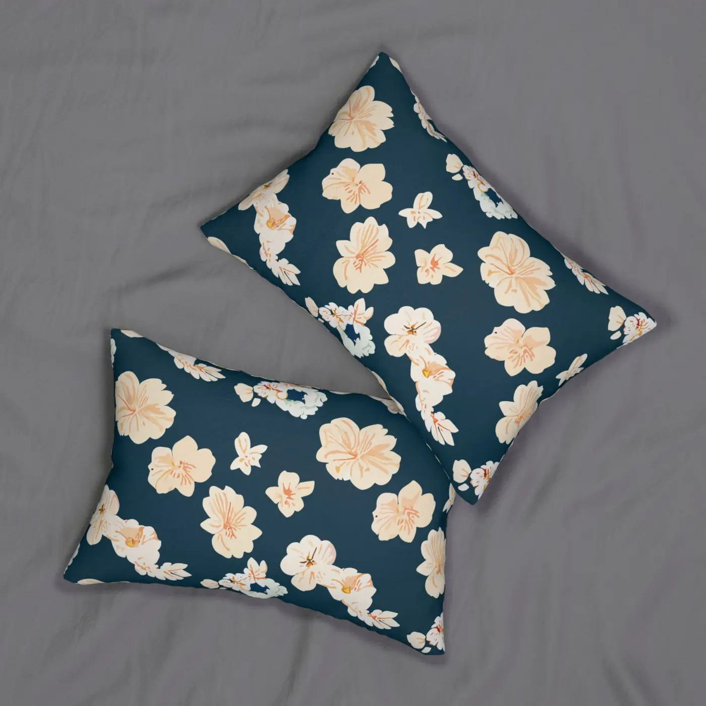 Polyester Lumbar Pillow - White Flowers on Navy Blue - DipaliZ