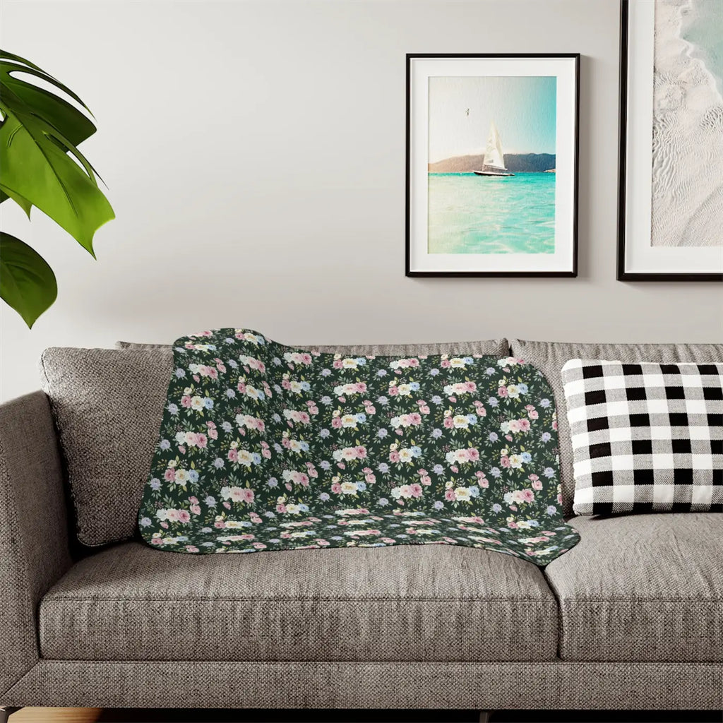Floral Sherpa Blanket - Dark Green Pattern - DipaliZ