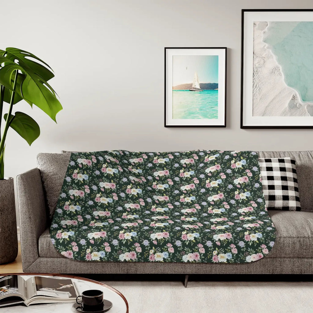 Floral Sherpa Blanket - Dark Green Pattern - DipaliZ