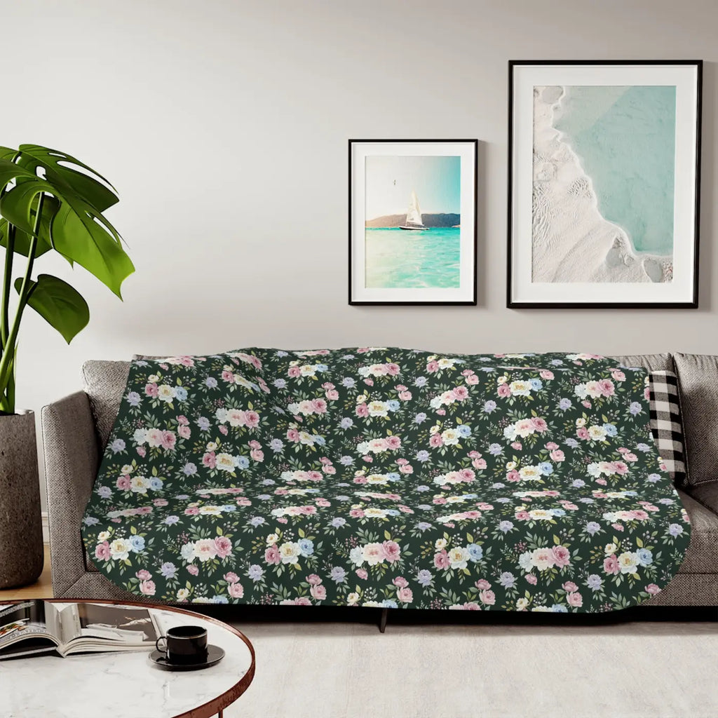 Floral Sherpa Blanket - Dark Green Pattern - DipaliZ