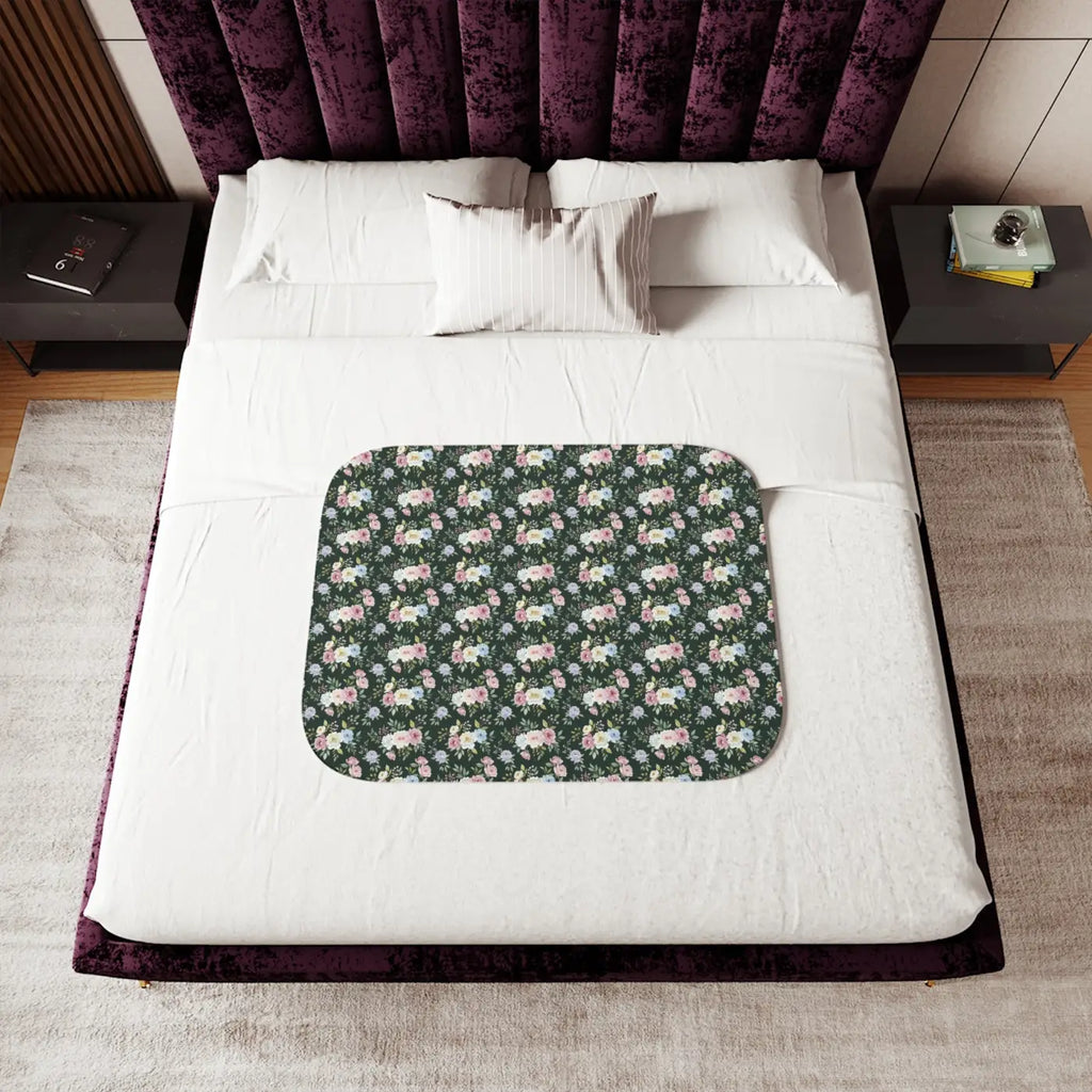 Floral Sherpa Blanket - Dark Green Pattern - DipaliZ