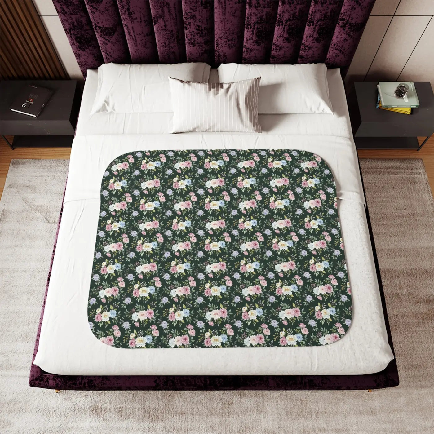 Floral Sherpa Blanket - Dark Green Pattern - DipaliZ
