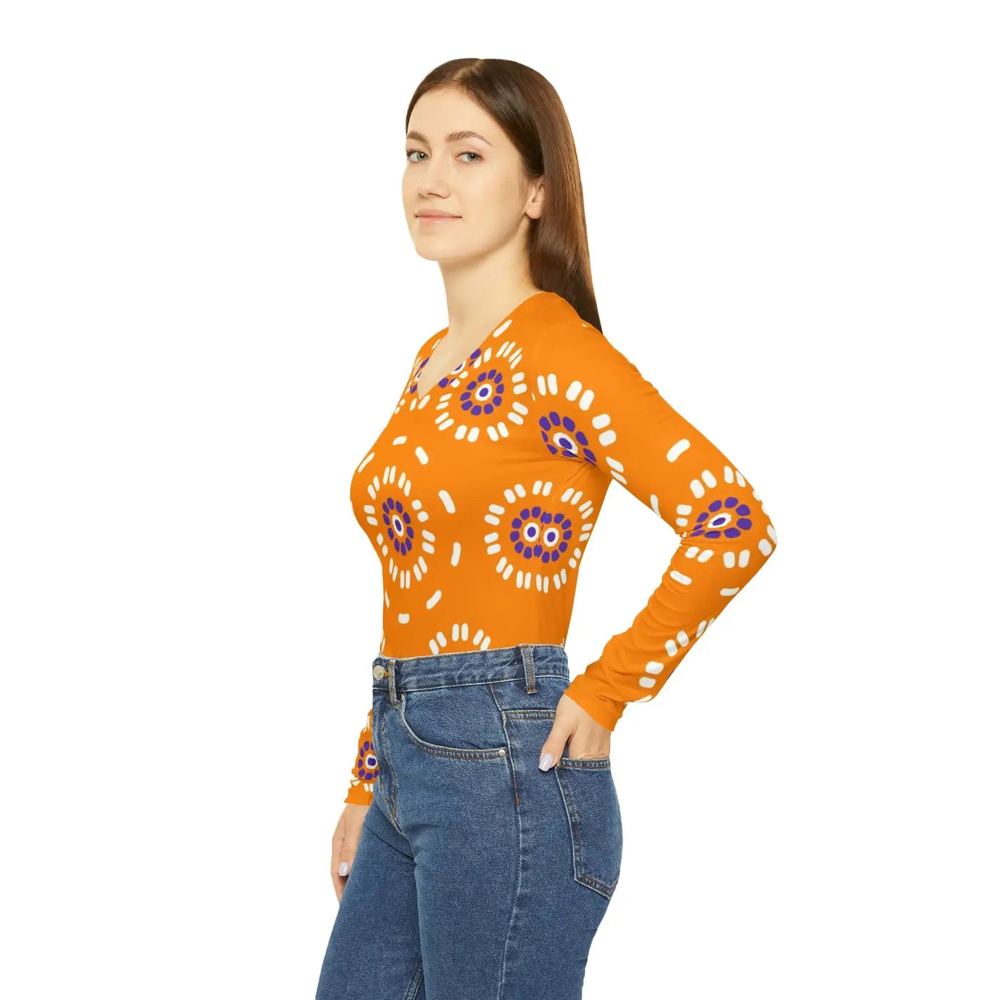 Orange Women's Tee - Floral Pattern V Neck Design - DipaliZ