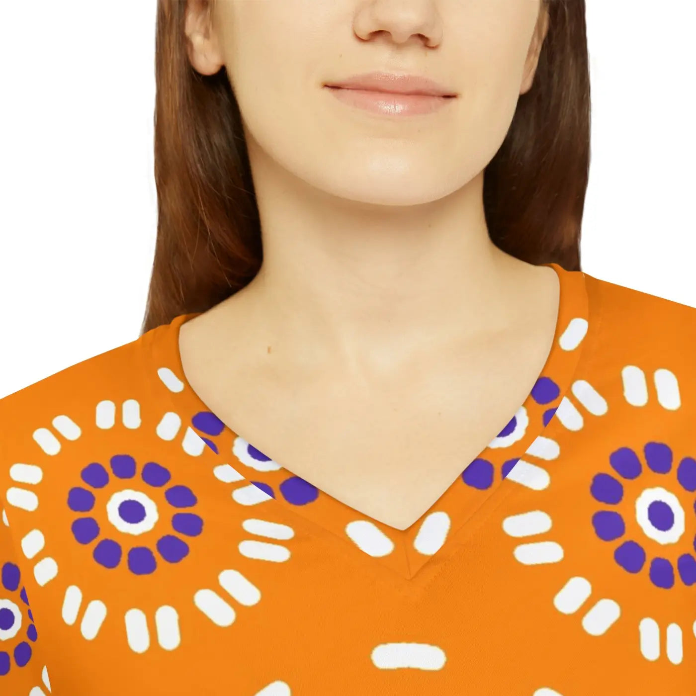 Orange Women's Tee - Floral Pattern V Neck Design - DipaliZ