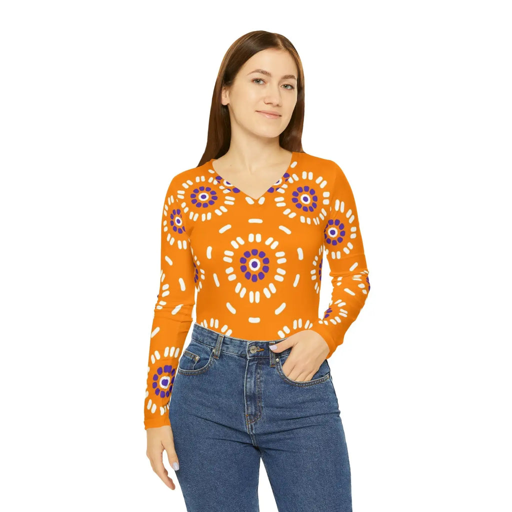 Orange Women's Tee - Floral Pattern V Neck Design - DipaliZ