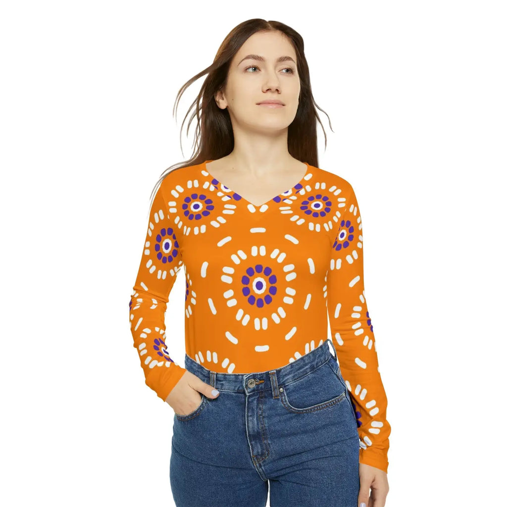Orange Women's Tee - Floral Pattern V Neck Design - DipaliZ