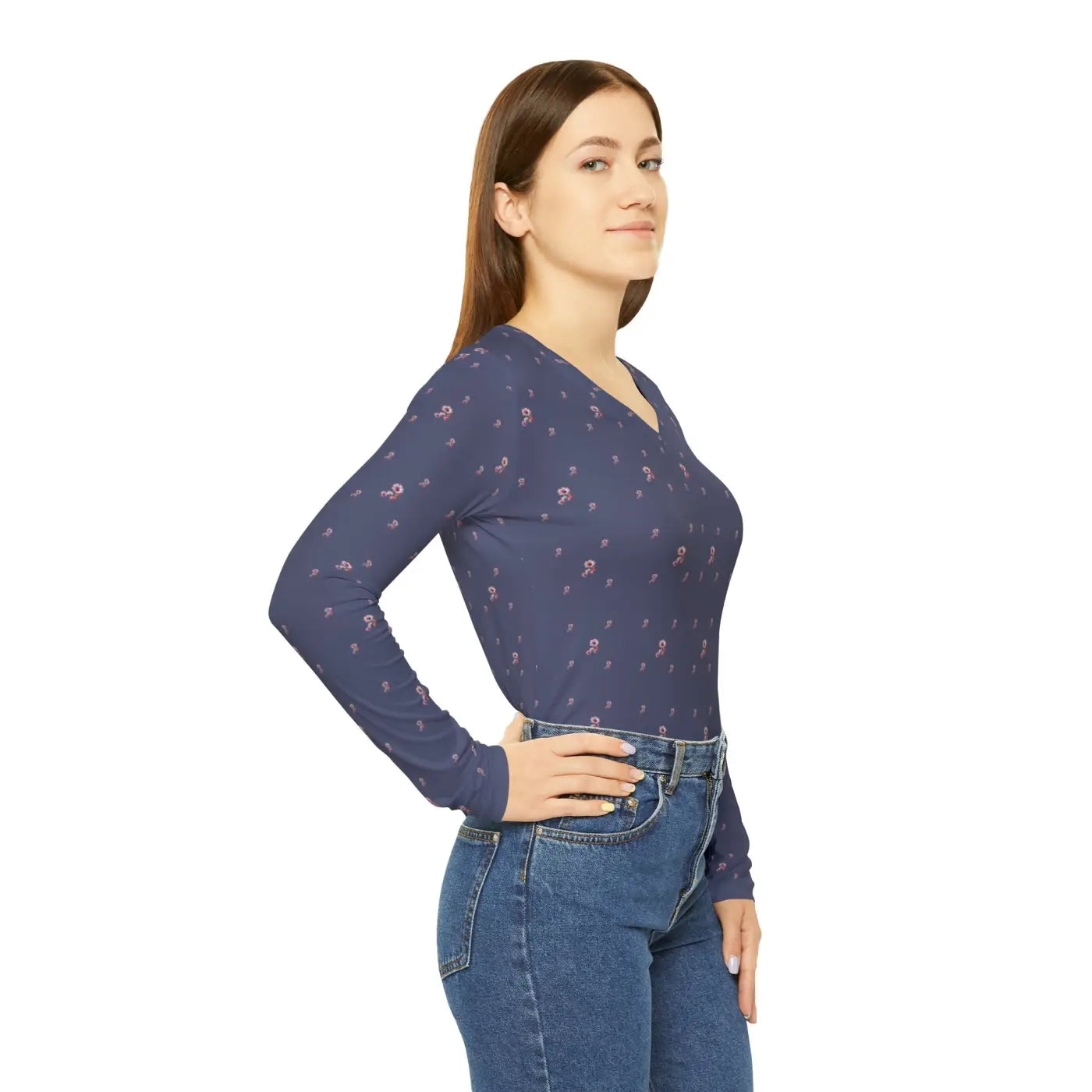 Long Sleeve Floral Pattern Women's V Neck Shirt - DipaliZ