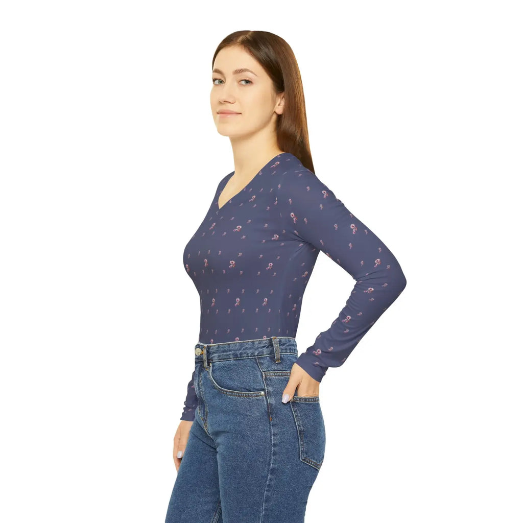 Long Sleeve Floral Pattern Women's V Neck Shirt - DipaliZ