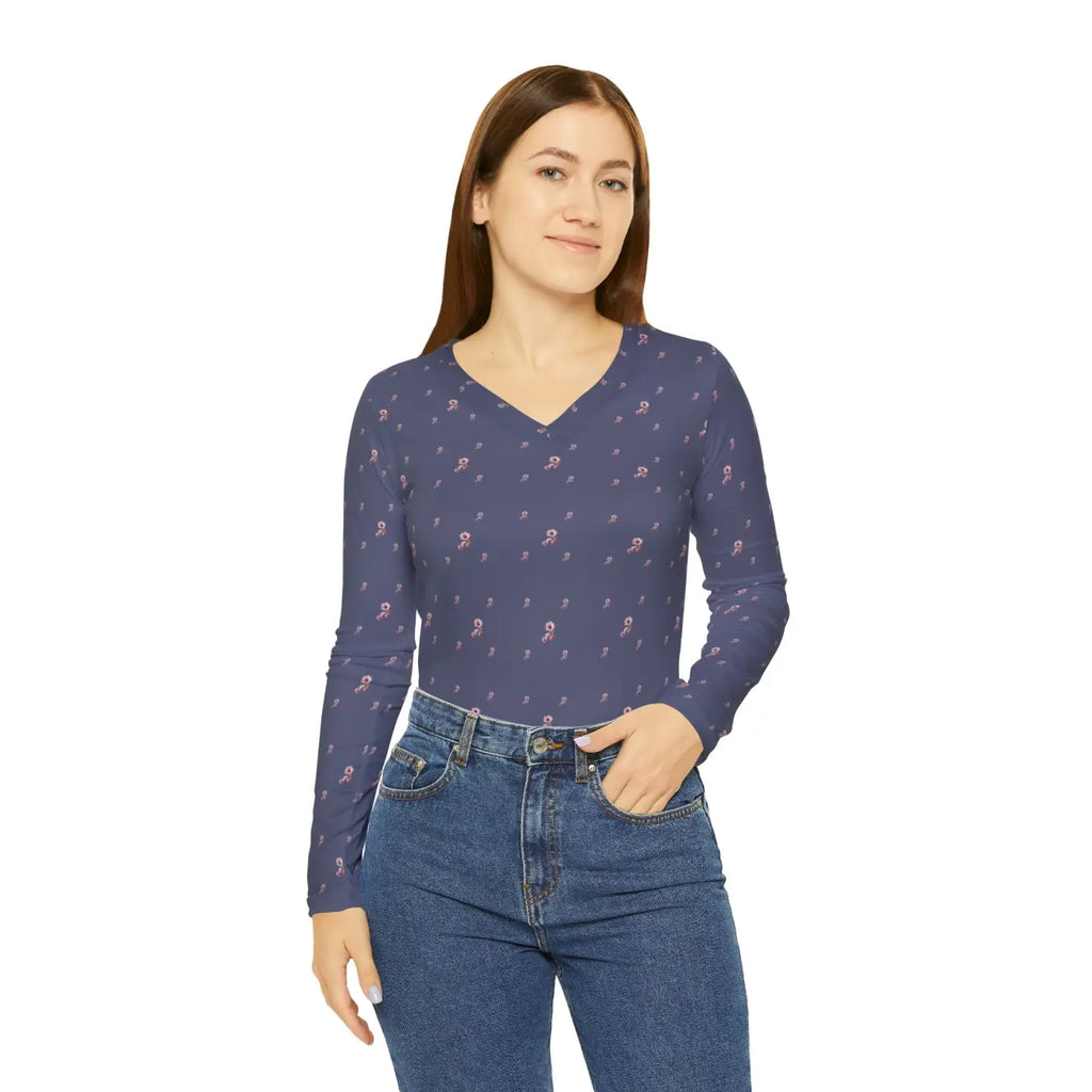 Long Sleeve Floral Pattern Women's V Neck Shirt - DipaliZ