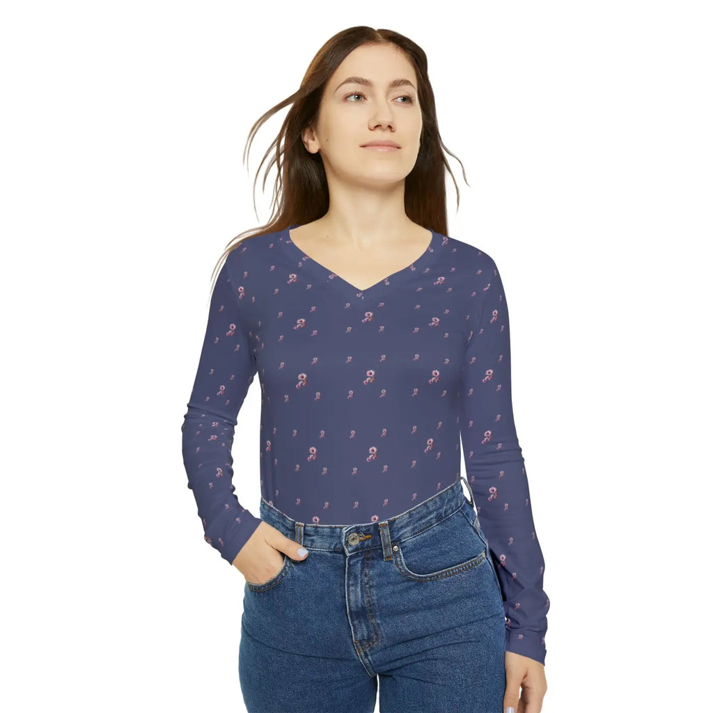 Long Sleeve Floral Pattern Women's V Neck Shirt - DipaliZ