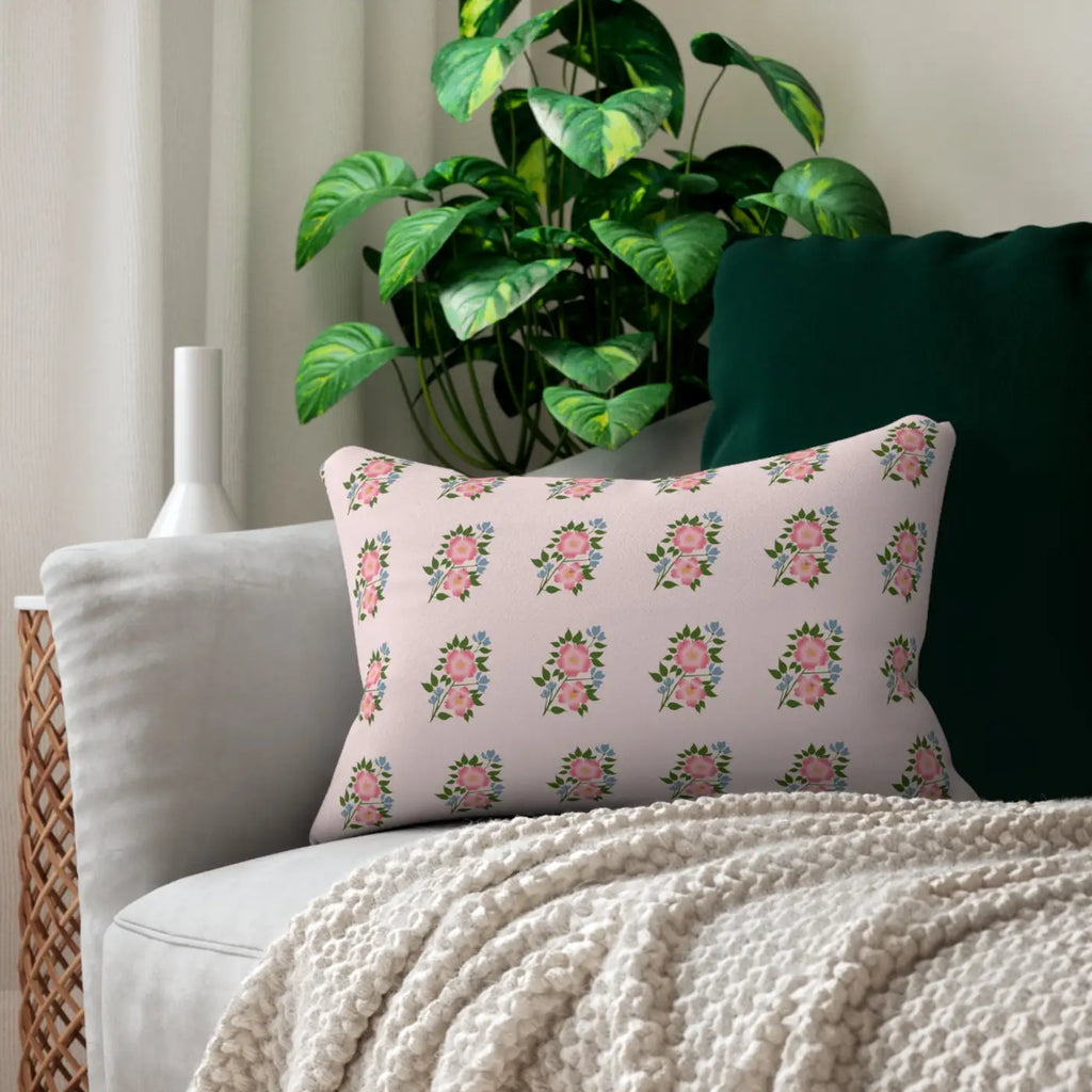 Floral Polyester Lumbar Pillow - Pink Spun Polyester - DipaliZ