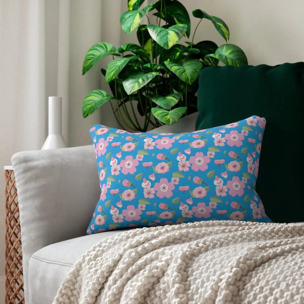 Floral Print on Blue Lumbar Pillow - Spun Polyester - DipaliZ