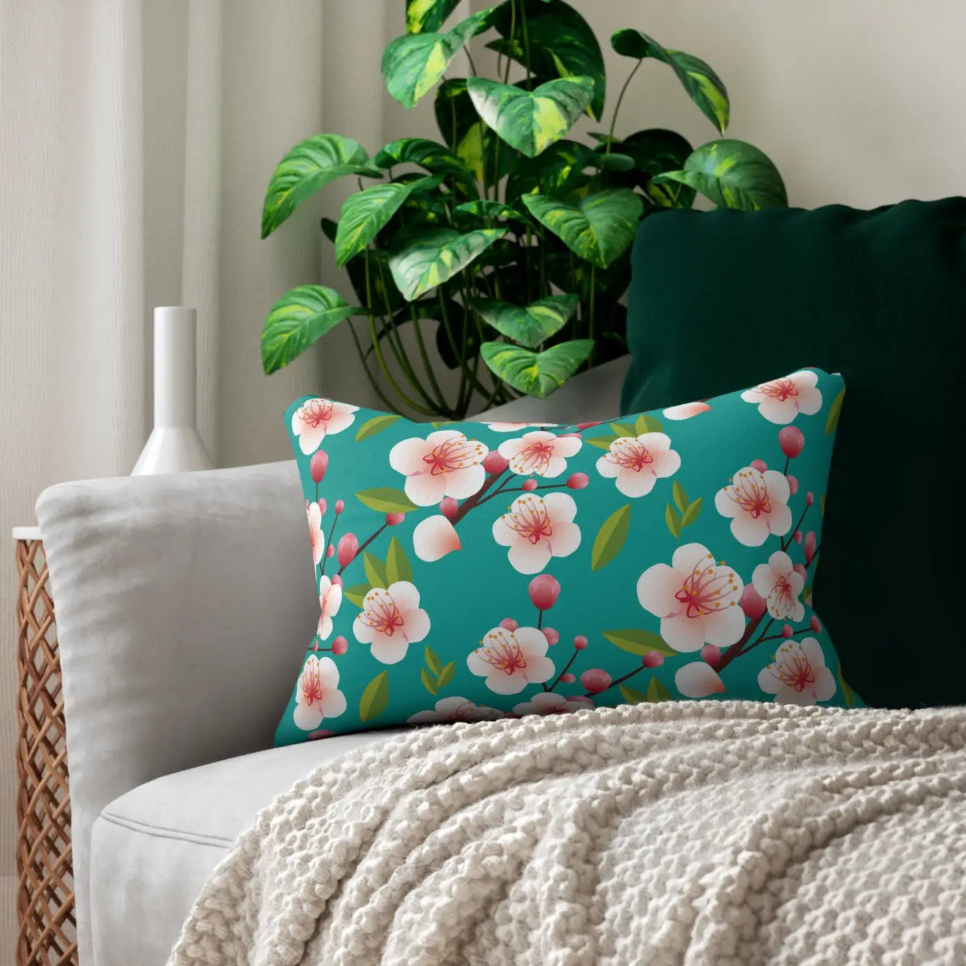 Cherry Blossom Spun Polyester Lumbar Pillow - Green Floral - DipaliZ