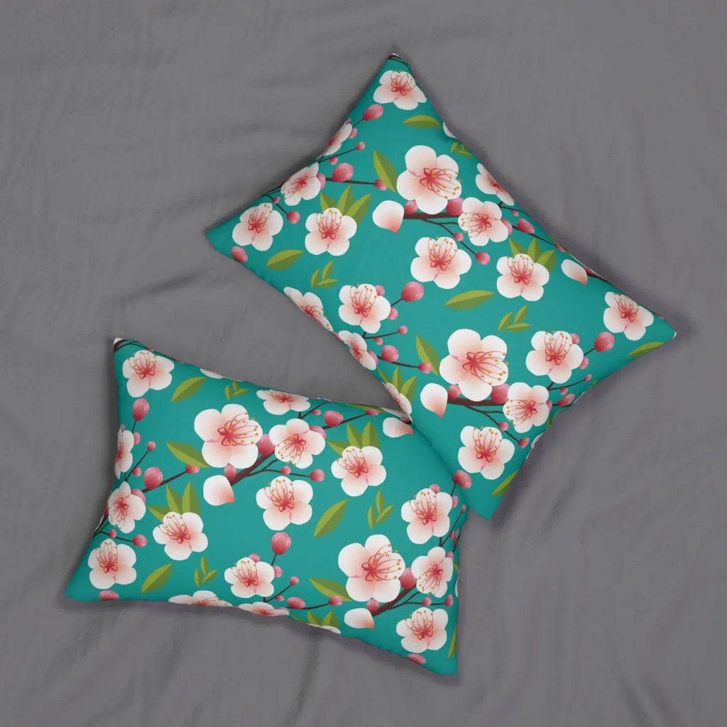 Cherry Blossom Spun Polyester Lumbar Pillow - Green Floral - DipaliZ