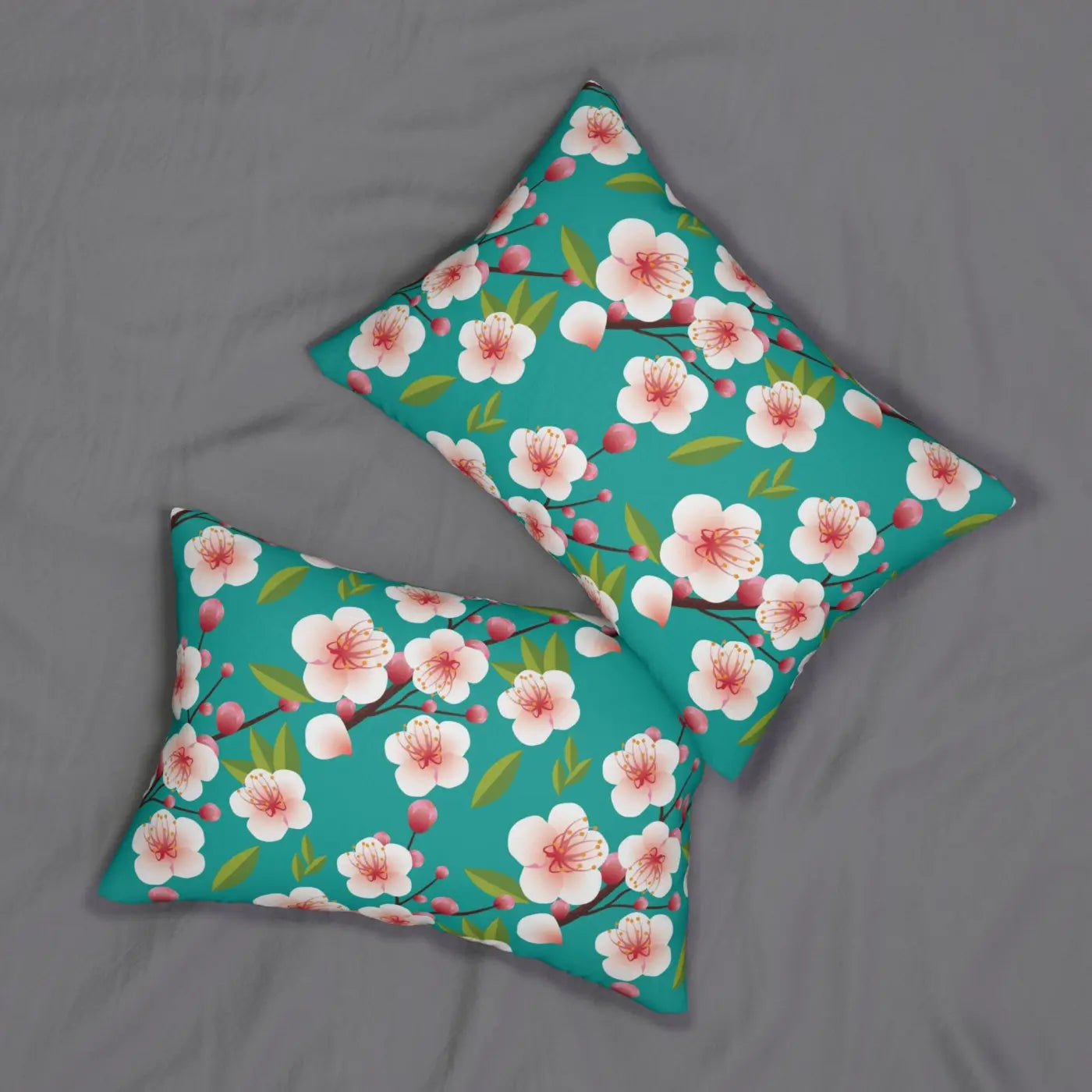 Cherry Blossom Spun Polyester Lumbar Pillow - Green Floral - DipaliZ