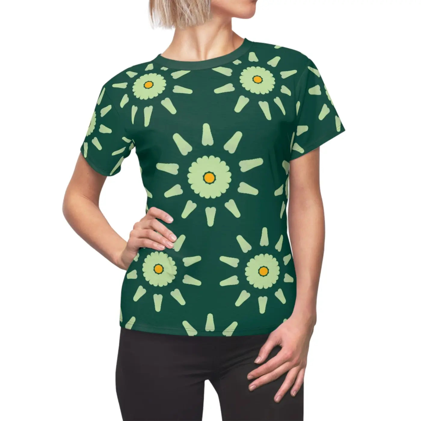 Green Floral Print Women's Tee - Cut and Sew Design - DipaliZ
