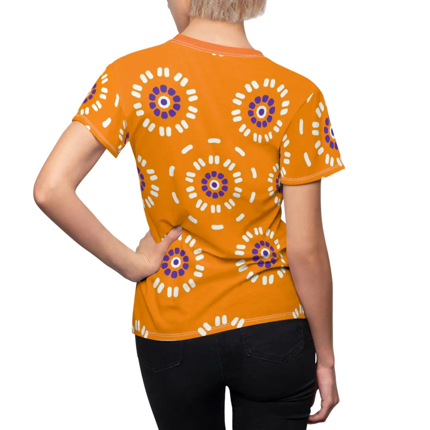 Floral Print Polyester T-Shirt - Flowers on Orange - DipaliZ