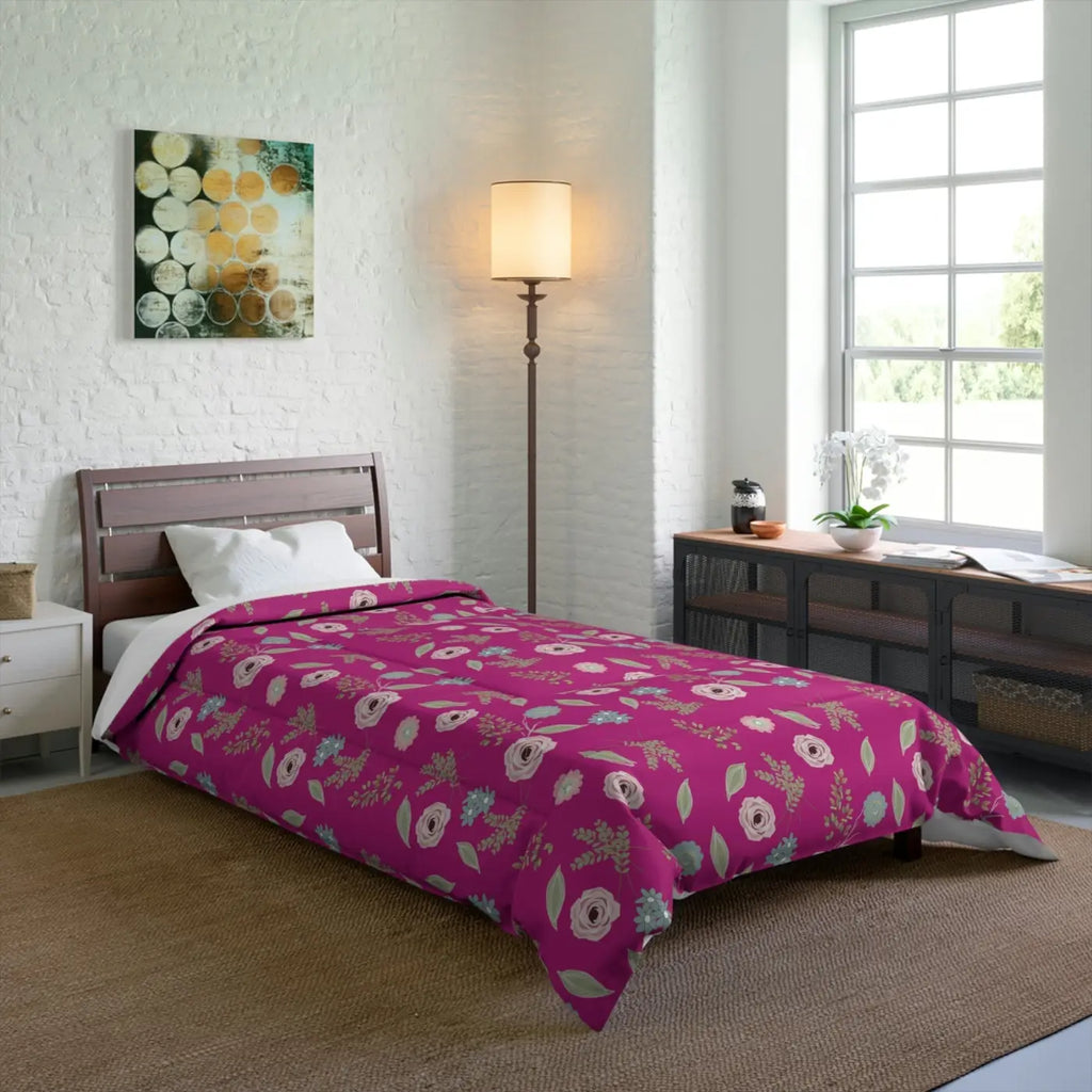 Pink Comforter - Floral Print Bedding Design - DipaliZ